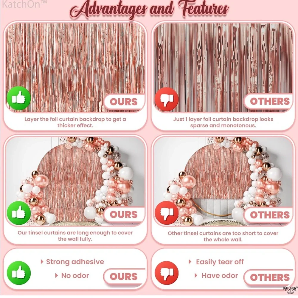 NWT Rose Gold Metallic Fringe Backdrop Party Birthday Curtains